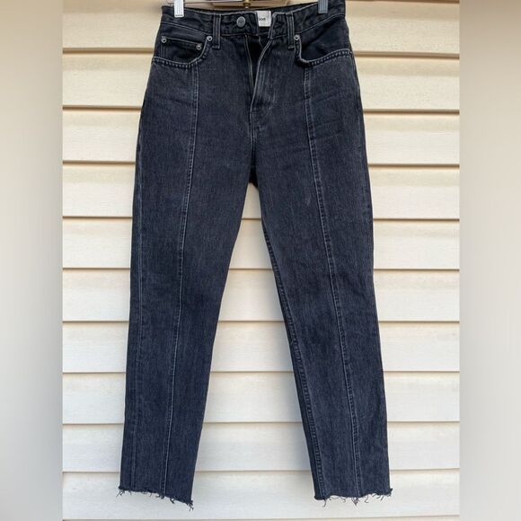 Reformation, distressed, black denim ankle pants, zipper closure, pockets, 25 - Picture 1 of 7